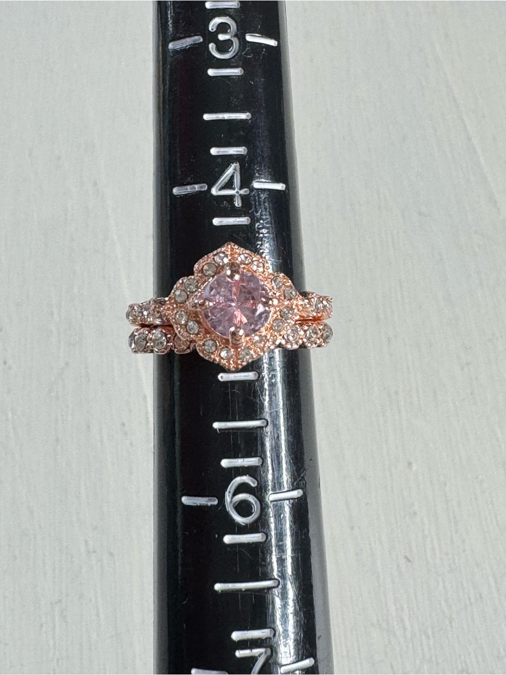 Art Deco Style Pink Crystal Halo Ring Stack Set - Size 5